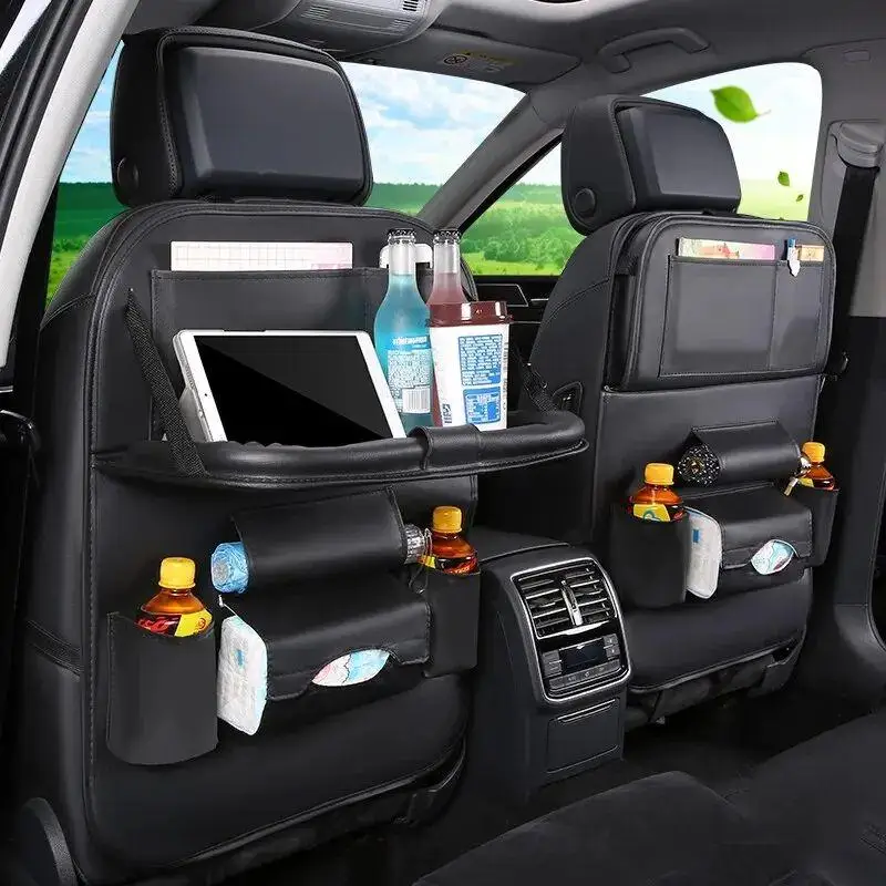 A faux leather car seat back organizer is a practical solution for keeping your vehicle tidy. The foldable tray table provides a convenient space for gadgets, food, and drinks, while multiple pockets offer ample storage for all your travel essentials. Perfect for family trips and everyday use, this organizer ensures comfort and order in your car.