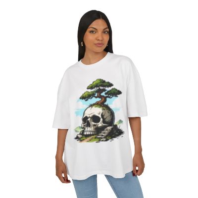 White oversized tee, front print, female model