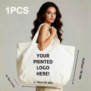 Black canvas tote with size dimensions