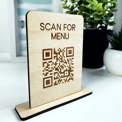 Scan for menu wooden stand with QR code
