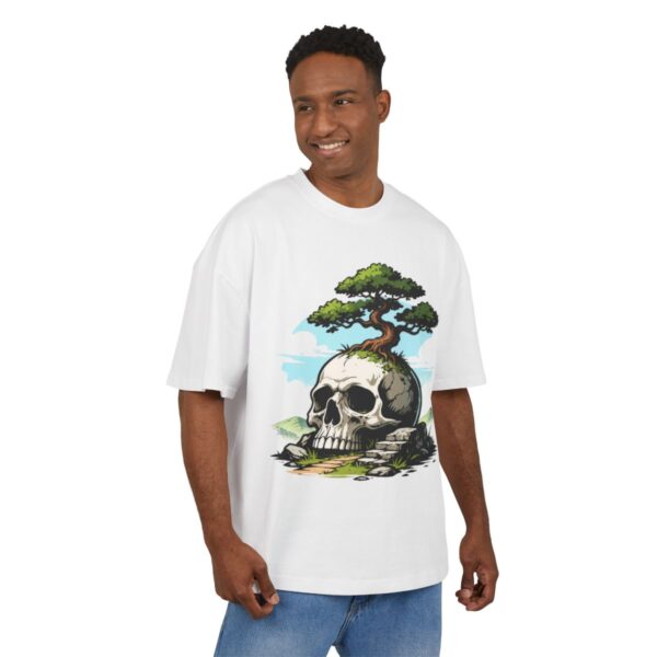 White tee, front print, male model